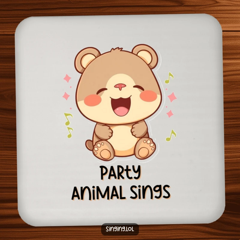 Funny drink coaster featuring a happy bear cub with a wide smile, singing with pure, unadulterated joy.