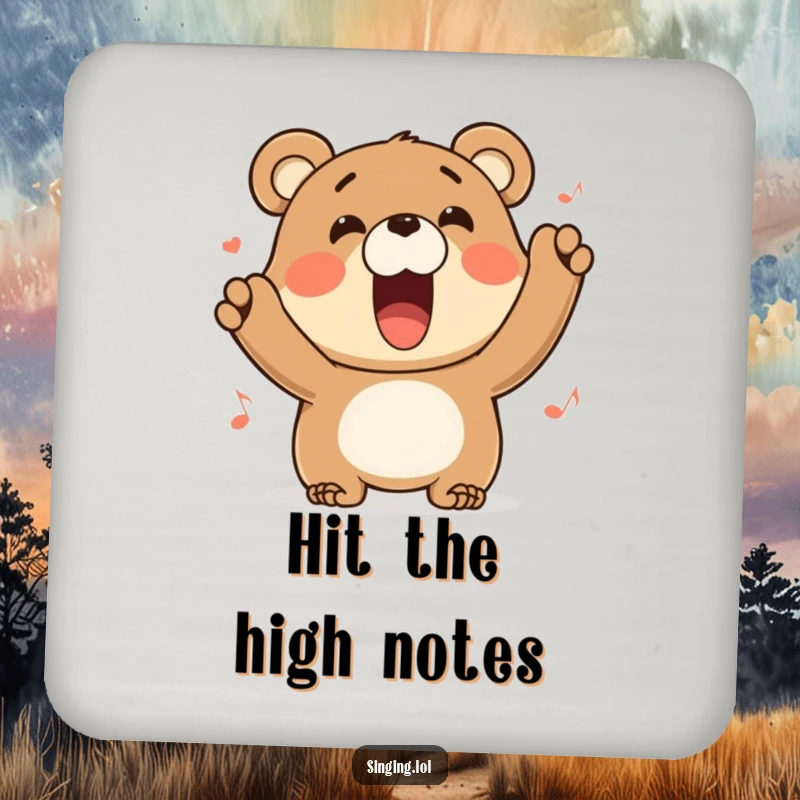 Funny bear drink coaster featuring a character belting out a tune with a wide grin, adding humor to your table.