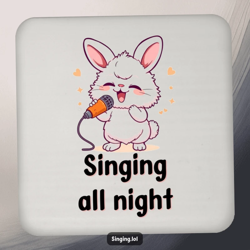 Funny Bunny Singer Coaster: A fluffy bunny sings into a carrot microphone, a humorous and functional accessory for any table.
