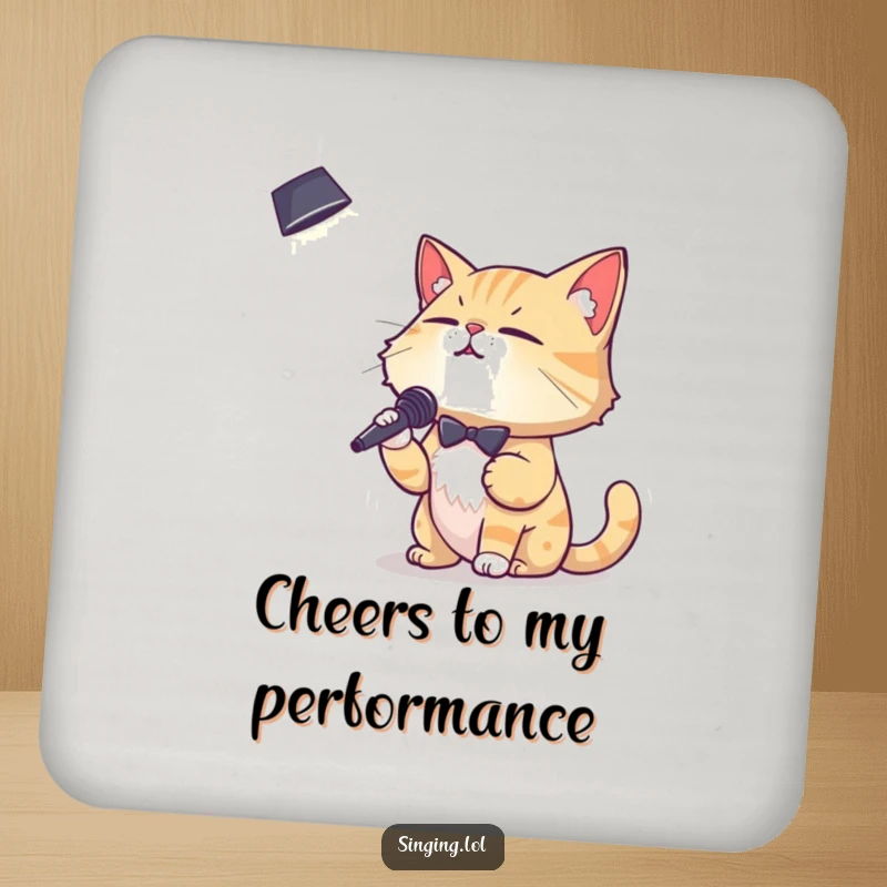 Funny drink coaster showing a debonair cat character crooning into a spotlight, perfect for adding musical humor to tables.