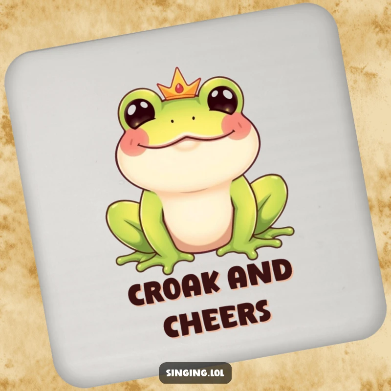 Funny Frog Prince drink coaster featuring a giggling royal frog character croaking a happy melody, preventing spills with humor.