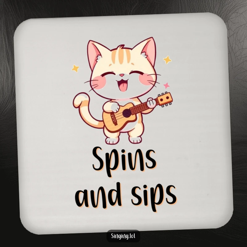 Funny kitten drink coaster, a charming illustration of a cat performing solo, tail wagging, adding musical vibes to any table.