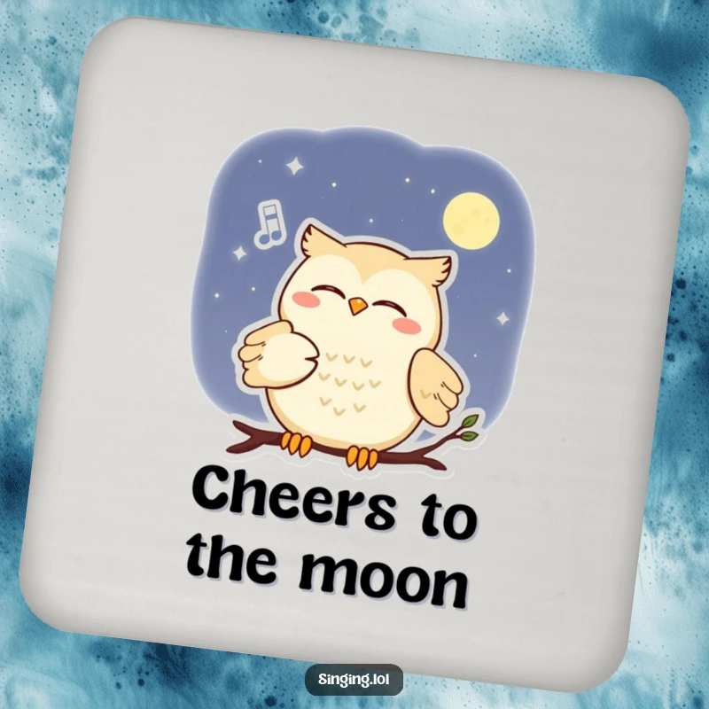 Funny coasters featuring a smiling owl serenading the moon with a soft melody, perfect for magical table protection.
