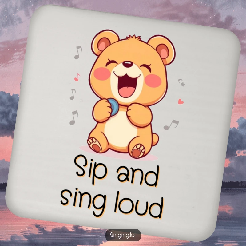 Funny drink coaster showing a delighted bear cub character belting out a ballad, perfect for adding musical humor to tables.