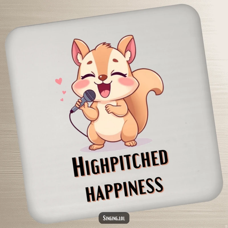 Funny squirrel drink coaster featuring a giggling character holding a tiny microphone, singing loudly, adding humor to tables.