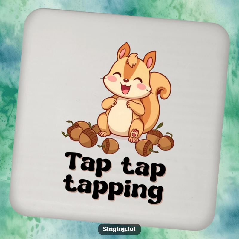 Funny squirrel drummer coaster, a happy squirrel drumming on acorns, protecting surfaces with musical style.