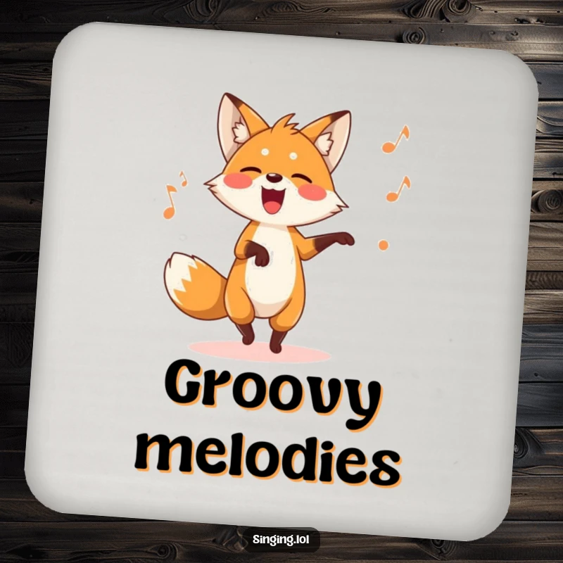 Funny fox drink coaster featuring a playful character dancing while singing a silly song, adding humor to tables.