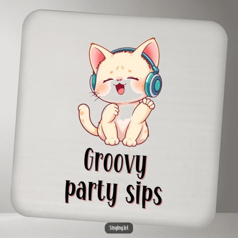 Funny set of 4 drink coasters featuring a singing kitten wearing tiny headphones and tapping its paw, perfect for tables.