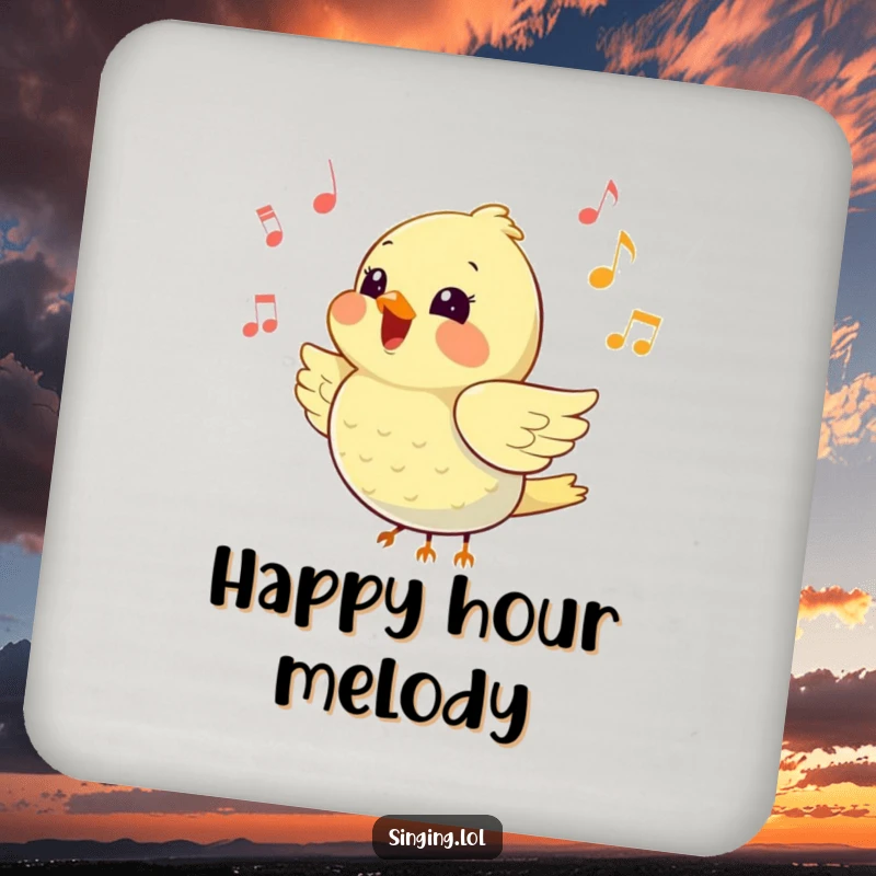 Funny drink coaster with a happy little bird chirping loudly surrounded by music notes, protecting surfaces with cheerful harmony.