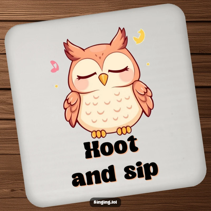 Funny owl drink coaster featuring a happy character peacefully hooting a lullaby with closed eyes, protecting tables with serene charm.
