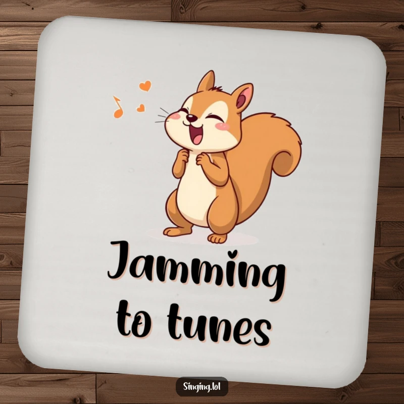 Funny coasters featuring a determined squirrel singing with gusto and its tail wagging, perfect for music lovers.