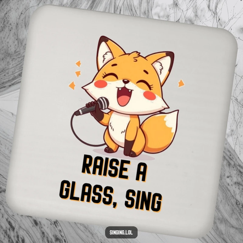 Funny Drink Coasters featuring a cheerful fox character holding a microphone and belting out a tune, protecting surfaces with style.
