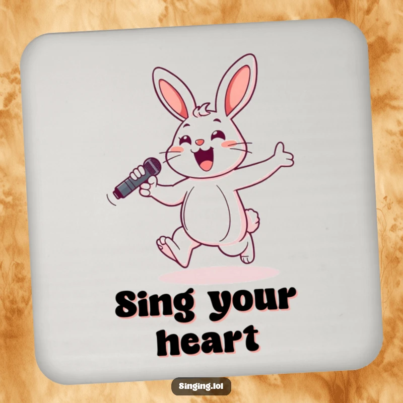 Funny drink coaster featuring a cheerful bunny hopping with a microphone, adding a musical and fun element.