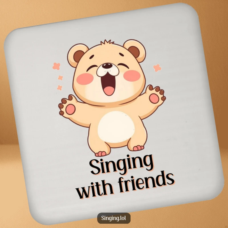 Funny Bear Cub Singer Coaster: A giggling bear cub sings loudly with paws wide, a humorous and functional accessory.