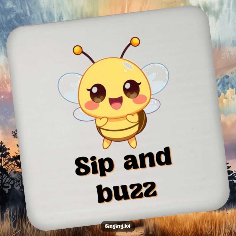 Funny drink coaster showing a happy bee character buzzing a high note, adding a humorous musical element.