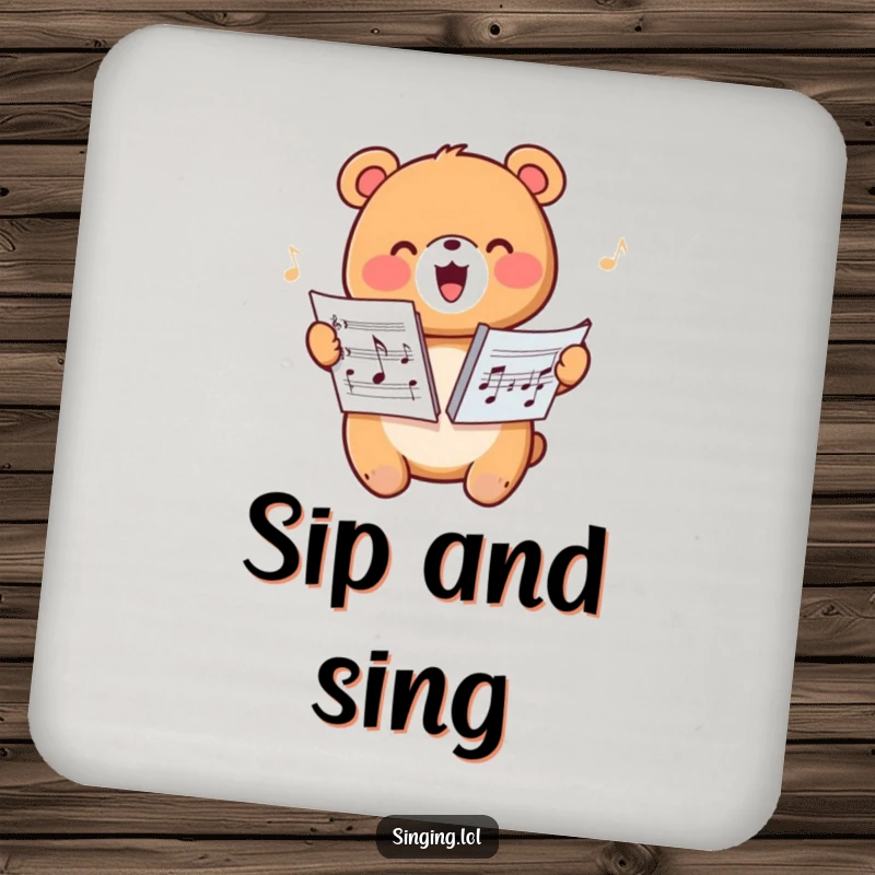 Funny drink coaster with a happy bear character harmonizing with sheet music, adding musical flair.