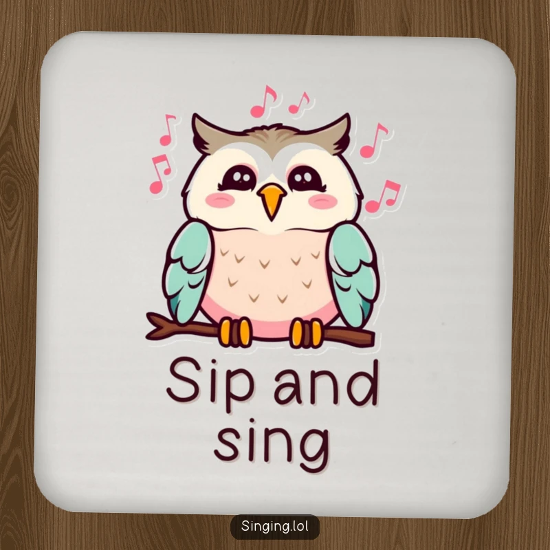 Funny drink coaster showing a cheerful owl singing with musical notes, offering surface protection with a humorous, musical design.