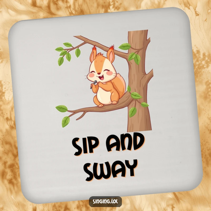 Funny Drink Coasters: A happy squirrel serenades from a tree branch, a humorous set to protect surfaces.