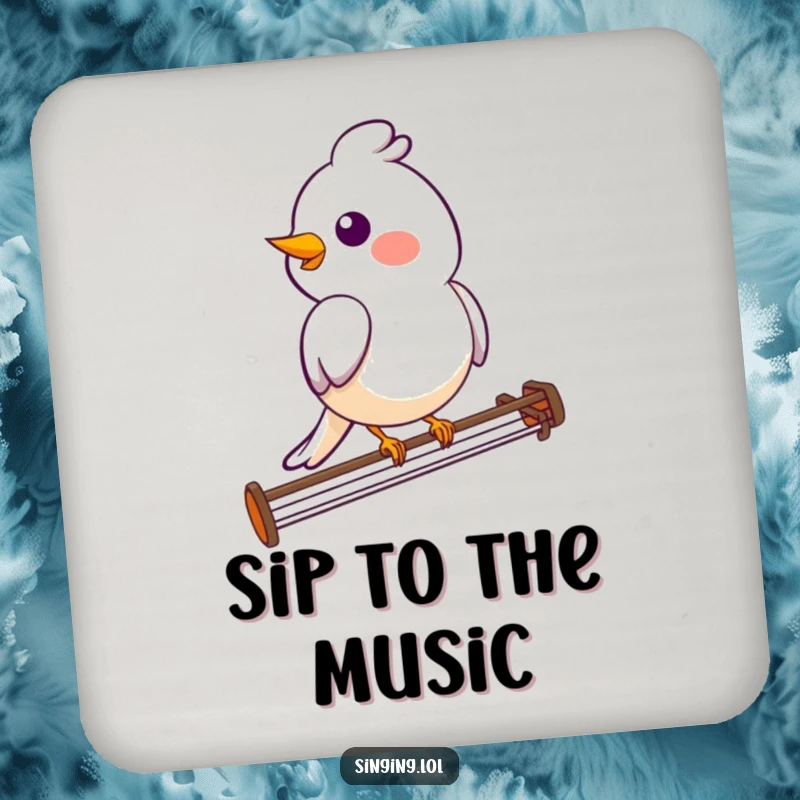 Funny bird coaster with a smiling bird character perched on a musical staff, adding musical charm.