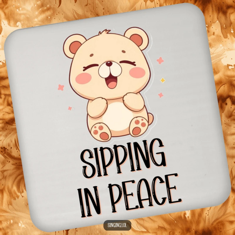 Funny coasters featuring a happy bear humming contentedly with closed eyes, perfect for peaceful table protection.