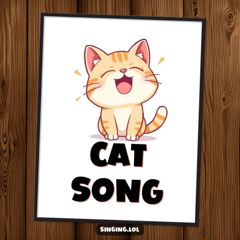 Funny poster print of a delighted cat character expressing itself through a vocal trill, a charming feline artwork.