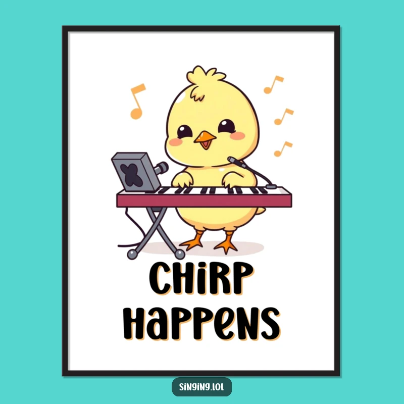 Funny Bouncy Chick Pecking Keyboard Poster - Quirky Wall Art, Tech Humor Gift