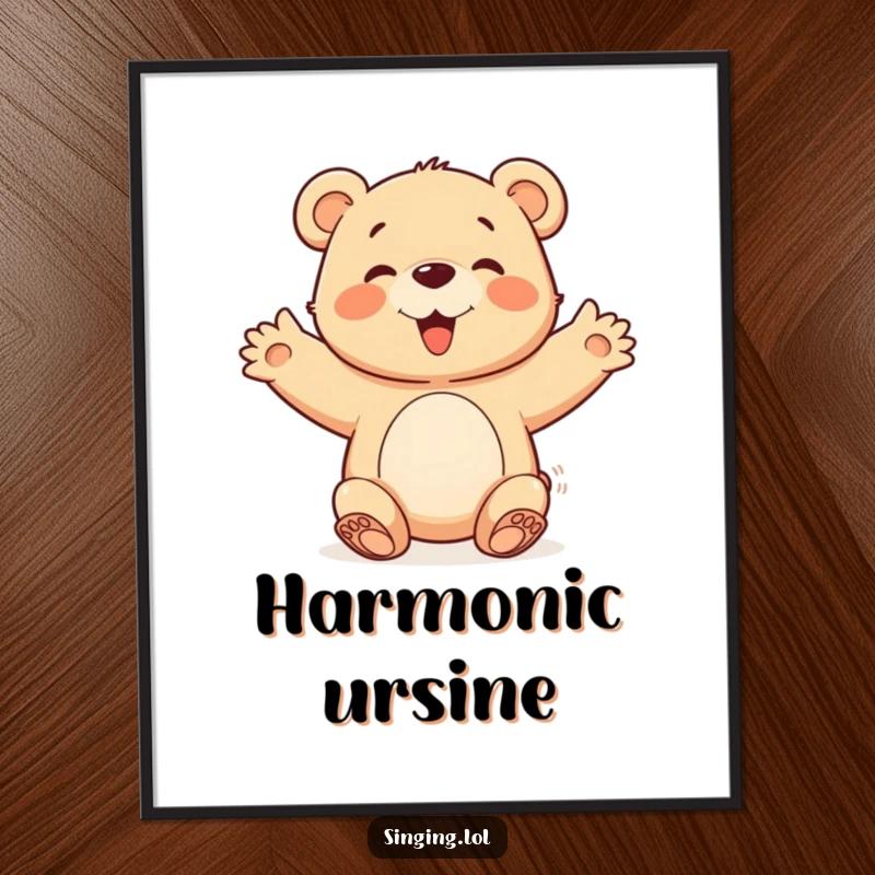 Funny happy bear cub with open arms joining a chorus, presented as whimsical wall art for cheerful decor.