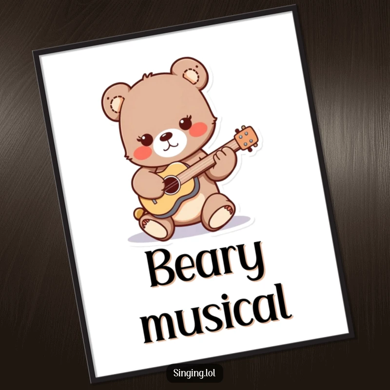 Funny poster of a playful bear cub character strumming a miniature guitar, creating a charming and humorous rock and roll visual.
