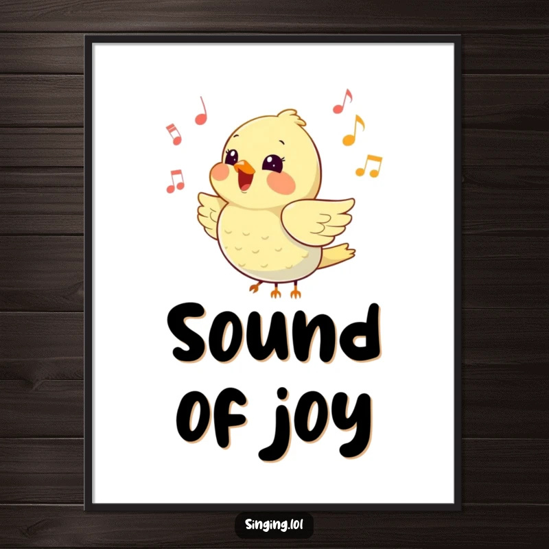 Funny poster featuring a happy little bird loudly chirping amidst flying music notes, capturing a vibrant symphony.
