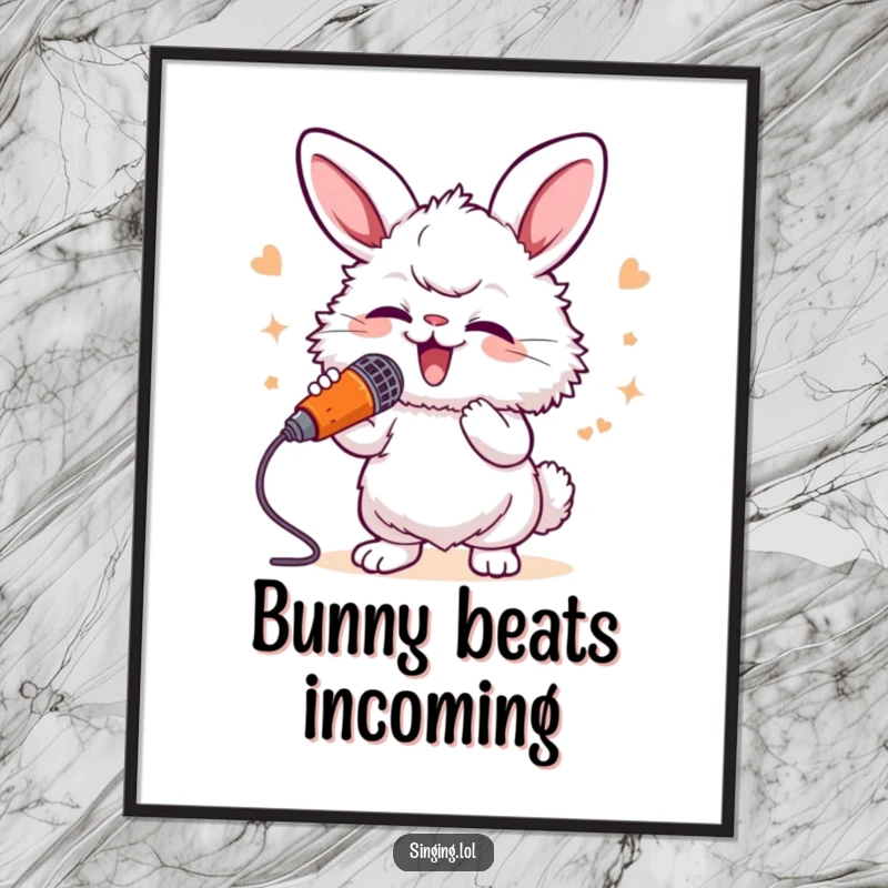 Funny Bunny Singer Poster: A fluffy bunny passionately sings into a carrot microphone, creating a joyful and musical wall decoration.