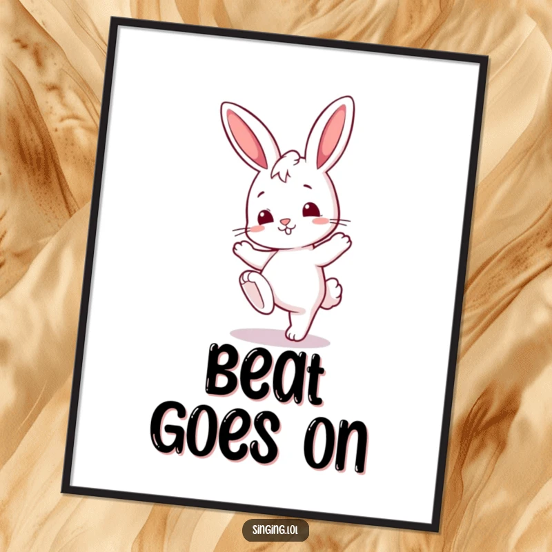 Funny poster featuring a curious bunny character tapping its foot energetically, bringing musical vibes to decor.