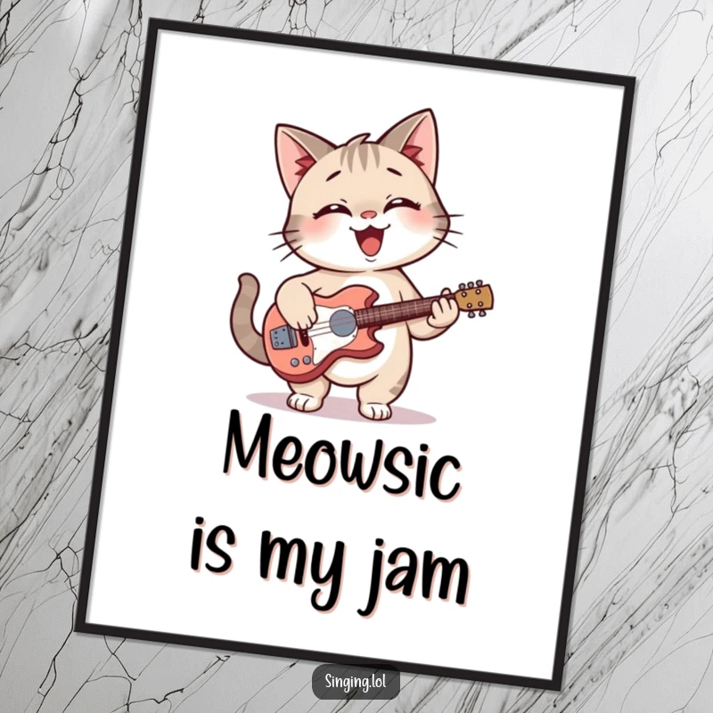 Funny cat giggling with a guitar, presented on a vibrant poster for wall art.
