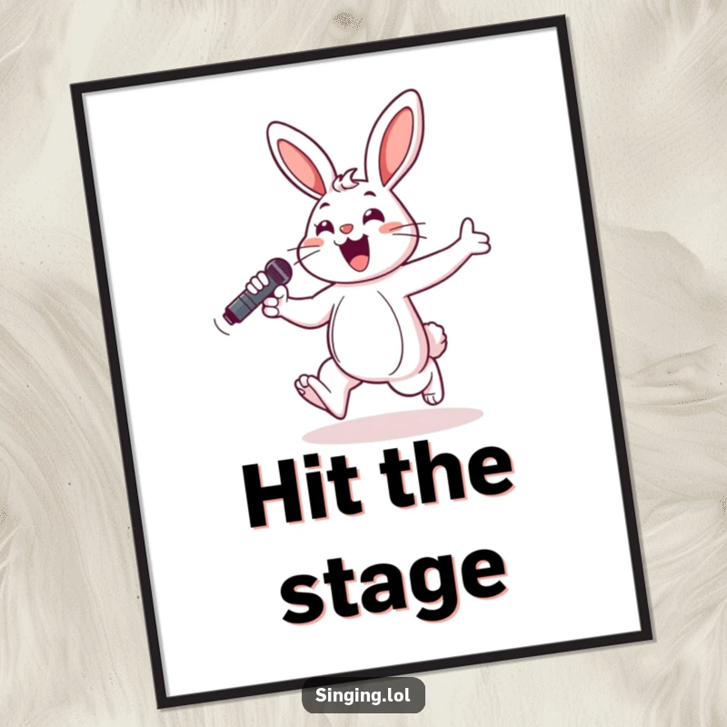 Funny poster art of a cheerful bunny hopping energetically with a microphone, celebrating the joy of performance.