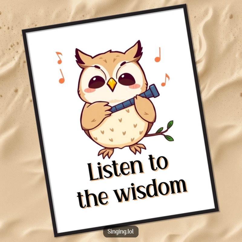 Funny owl poster showcasing a curious owl character immersed in melody, hooting contentedly, adding artistic flair.