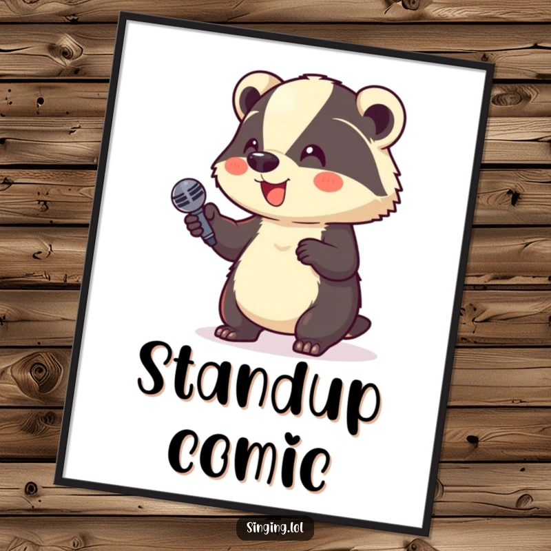 Funny Poster: A giggling badger holds a microphone, capturing the excitement of a comedy performance, humorous wall art.