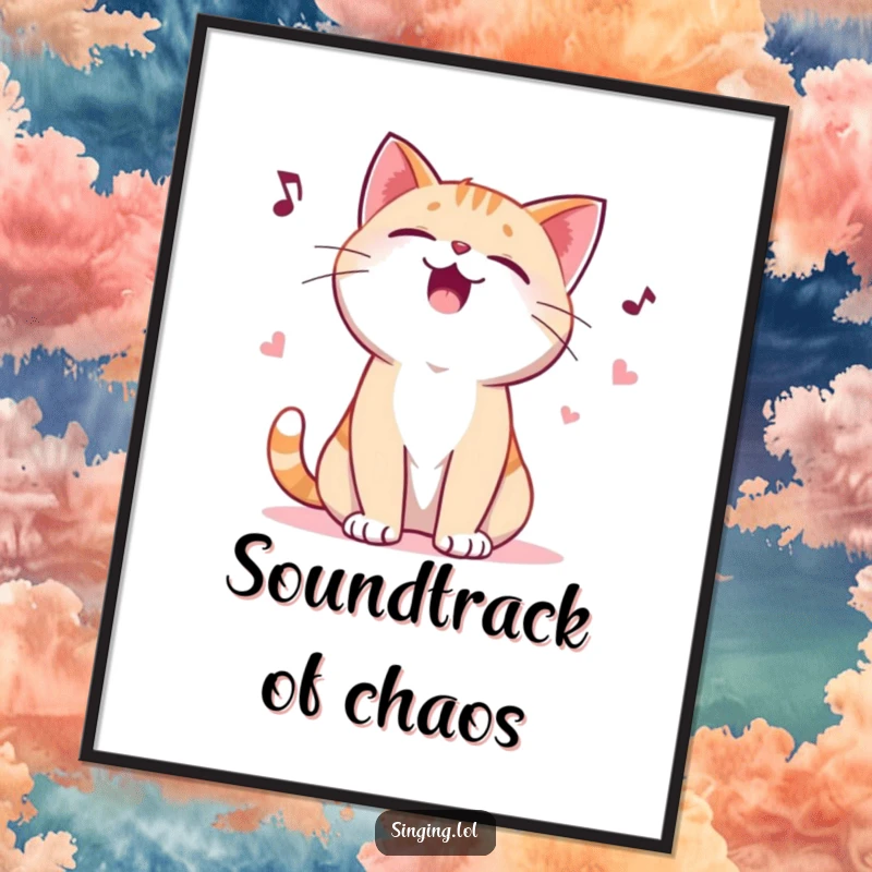 Funny poster depicting a giggling cat character yowling a playful ballad, adding a humorous and artistic touch to any room's decor.