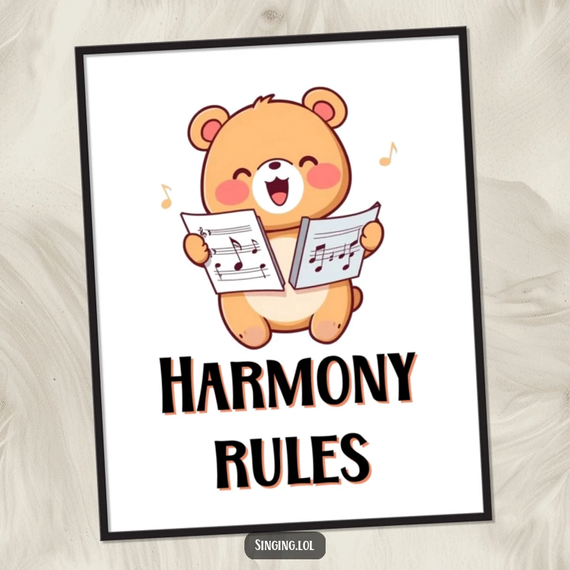 Funny poster of a happy bear character harmonizing with sheet music, adding a musical and cheerful vibe.