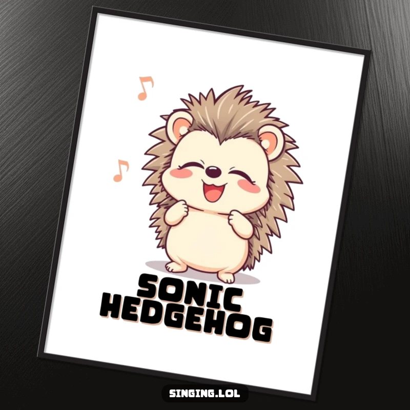 Funny smiling hedgehog with closed eyes, singing passionately, presented as whimsical wall art for musical enthusiasts.