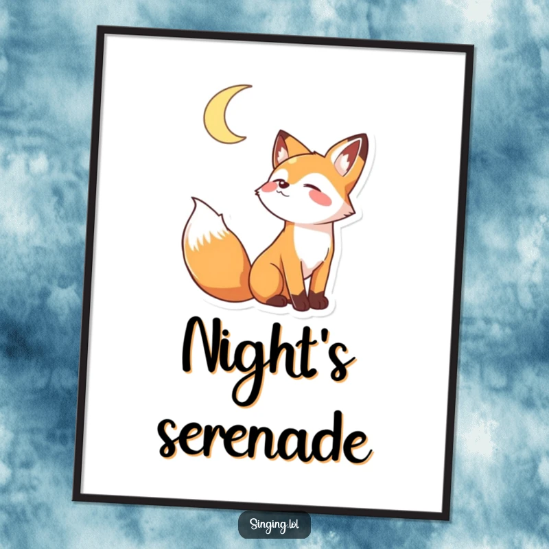 Funny poster print of a playful fox character howling joyfully at a crescent moon, adding a touch of magic.