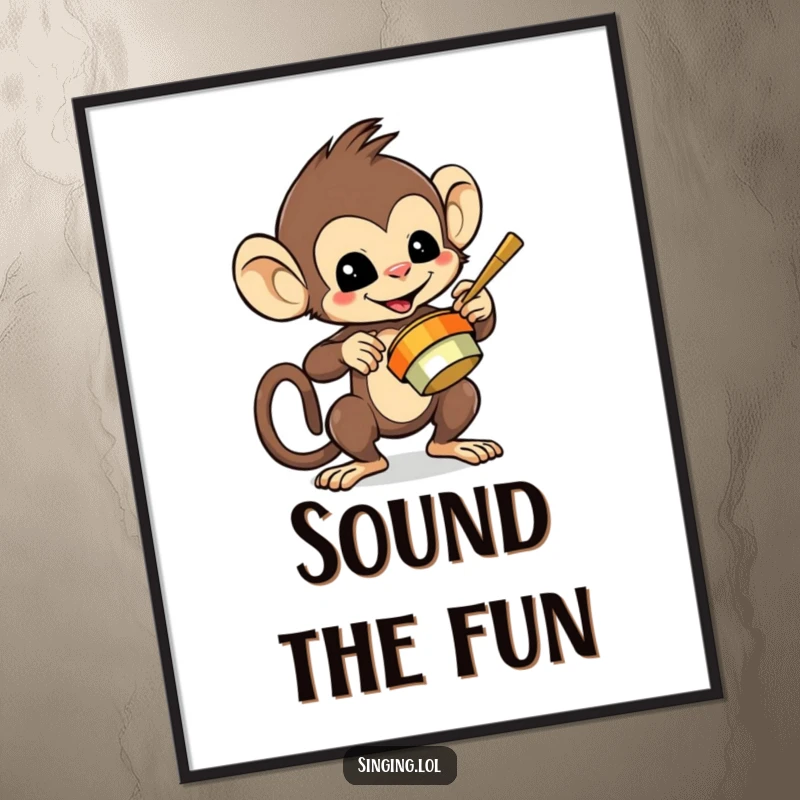 Funny poster of a mischievous monkey character playing cymbals with flair, adding energetic and playful vibes.