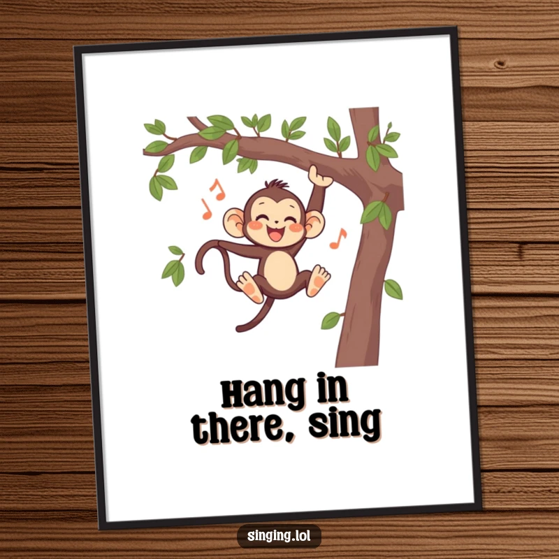 Funny Monkey Swinging and Singing Poster, a lively primate in mid-air, creating a whimsical and humorous piece of wall art.
