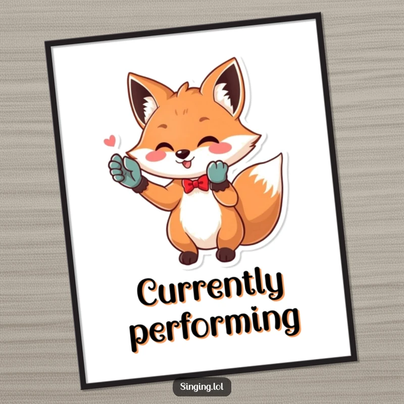 Funny Opera Fox Poster: A playful fox in opera gloves hitting a powerful high note, capturing theatrical joy. Great wall art for music lovers.
