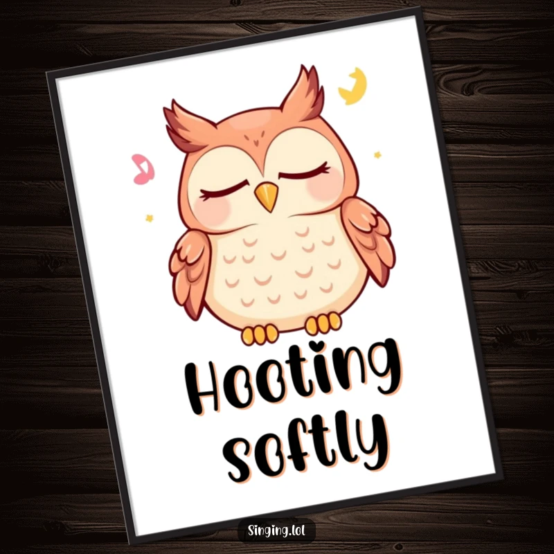 Funny owl poster featuring a happy character with closed eyes, peacefully hooting a gentle lullaby, ideal for creating a serene ambiance.