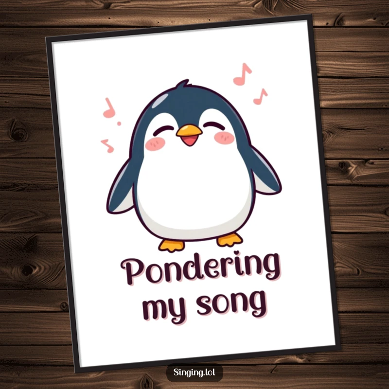 Funny Penguin Singing Poster, a delighted penguin waddling and singing joyfully with eyes closed, creating cheerful wall decor.