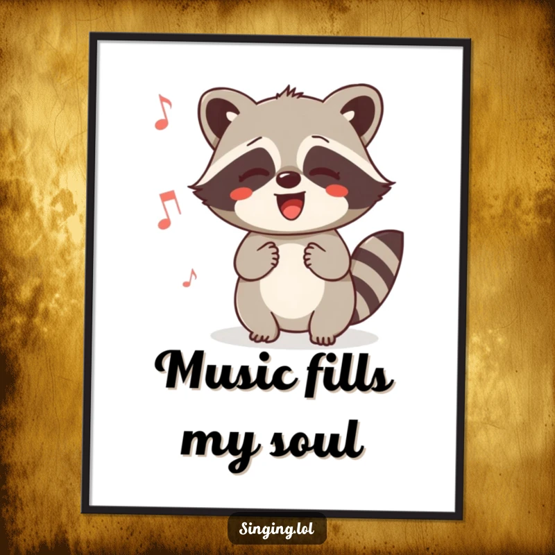 Funny Raccoon Humming Poster: A delighted raccoon with eyes closed, joyfully humming a tune. Captures pure happiness and whimsical charm.