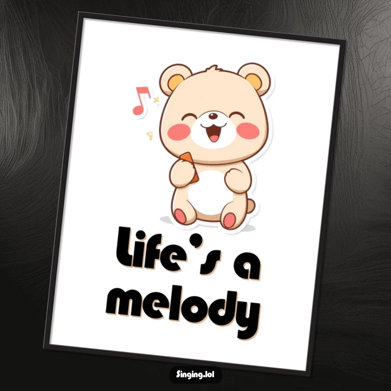Funny poster print of a cheerful cartoon bear character singing beautifully with a musical note, adding artistic flair.