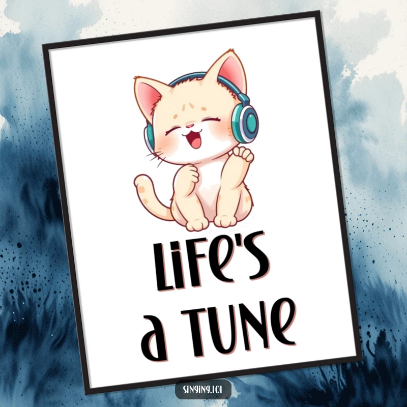 Funny poster print of a singing kitten wearing tiny headphones and tapping its paw, embodying musical feline charm.