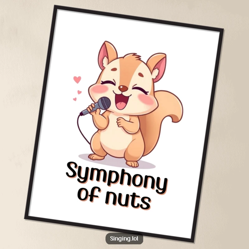 Funny squirrel poster art of a giggling character holding a tiny microphone, singing loudly, a vibrant musical piece.