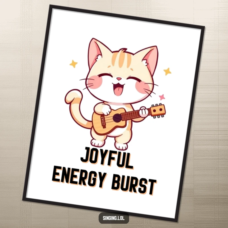 Funny kitten poster, a vibrant illustration of a playful cat performing a solo, tail wagging with infectious energy and passion.
