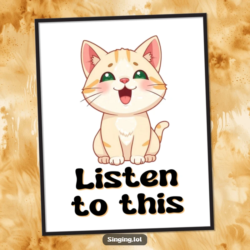 Funny Cat Meowing Poster, a curious cat character hitting a high, playful pitch, creating whimsical and humorous wall decor.